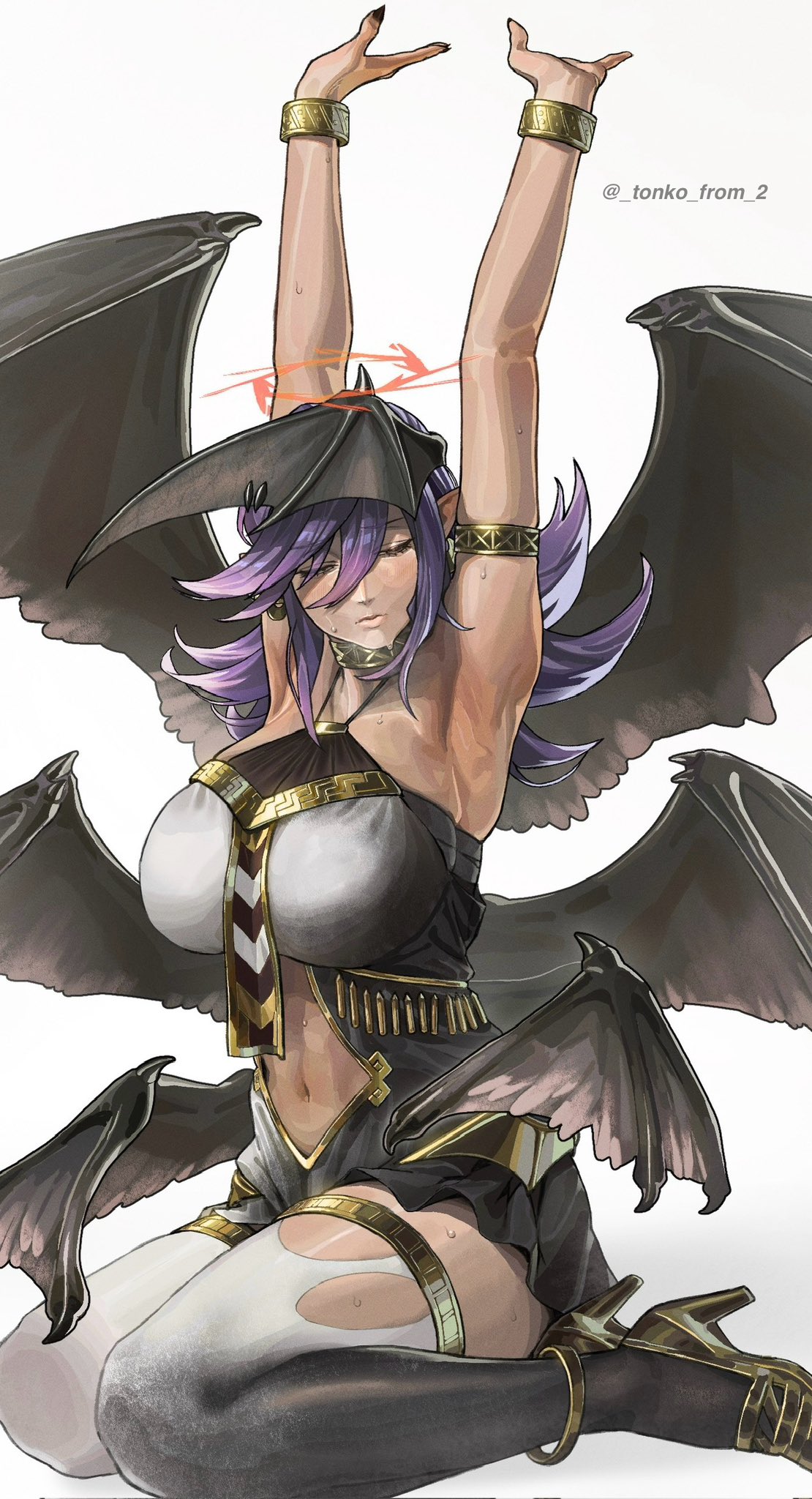 1girl, armlet, armpits, bat_wings, black_wings, bracelet, breasts, choker, closed_eyes, clothing_cutout, dark-skinned_female, dark_skin, darklord_ixchel, duel_monster, fallen_angel, head_wings, high_heels, highres, jewelry, large_breasts, long_hair, multiple_wings, navel, navel_cutout, purple_hair, simple_background, solo, sweat, thigh-highs, thighs, tonko_from, twitter_username, white_background, wings, yu-gi-oh!