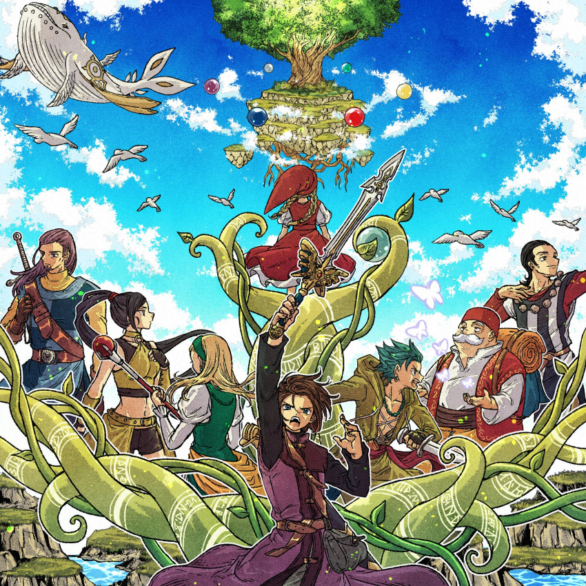 3girls, 5boys, bird, black_hair, blonde_hair, blue_eyes, blue_hair, blue_sky, blue_tabard, braid, camus_(dq11), checkered_clothes, clouds, commentary_request, cross-laced_clothes, dove, dragon_quest, dragon_quest_xi, dress, erdrick's_sword, everyone, facial_hair, fez_hat, floating_clothes, floating_hair, grandfather_and_grandson, green_bustier, green_dress, green_hairband, green_tunic, greig_(dq11), hair_slicked_back, hairband, hat, hero_(dq11), high_ponytail, highres, holding, holding_knife, holding_sword, holding_weapon, ketosu_(dq11), knife, low_twin_braids, martina_(dq11), multiple_boys, multiple_girls, o-ring, o-ring_top, open_mouth, plant, ponytail, profile, purple_facial_hair, purple_tunic, red_dress, red_hat, row_(dq11), senya_(dq11), siblings, sisters, sky, spiky_hair, striped_clothes, sword, sword_on_back, sylvia_(dq11), tabard, toriga, tunic, twin_braids, twins, veronica_(dq11), vines, weapon, weapon_on_back, whale, white_facial_hair, yggdrasil