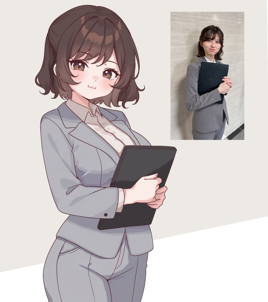 1girl, araki_saori, blazer, blush, breasts, brown_eyes, business_suit, collared_shirt