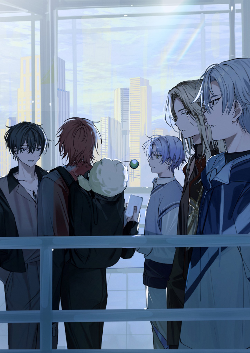 18trip, 22kolink, 5boys, backpack, bag, black_hair, cityscape, facing_away