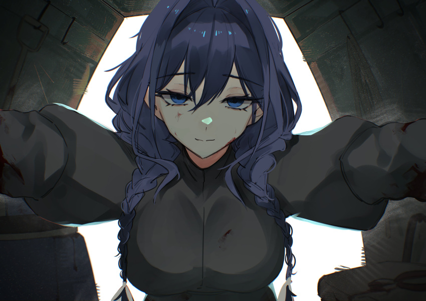 1girl, absurdres, black_dress, blood, blood_on_clothes, blood_on_face, blue_eyes, blue_hair