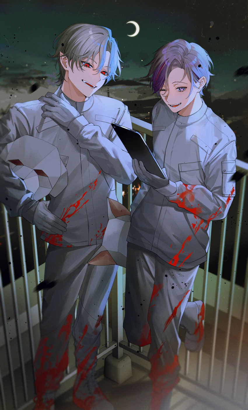 2boys, absurdres, balcony, blood, blood_on_clothes, crescent_moon, fuwa_minato, gloves