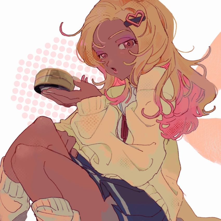 1girl, alternate_costume, blonde_hair, blue_skirt, brown_eyes, cardigan, commentary_request, cossa_(user_myuh2324)