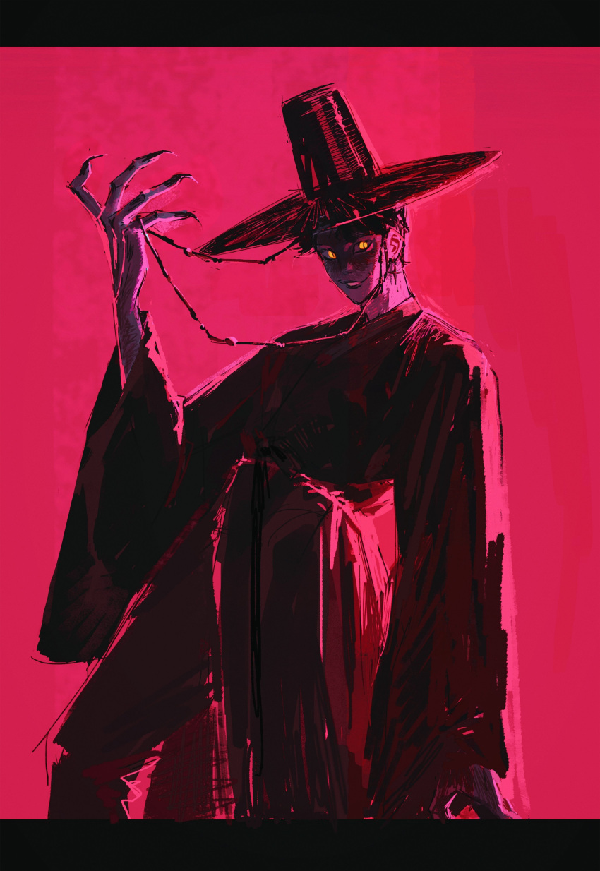 1boy, absurdres, black_border, black_hair, black_hat, black_robe, black_sclera, border