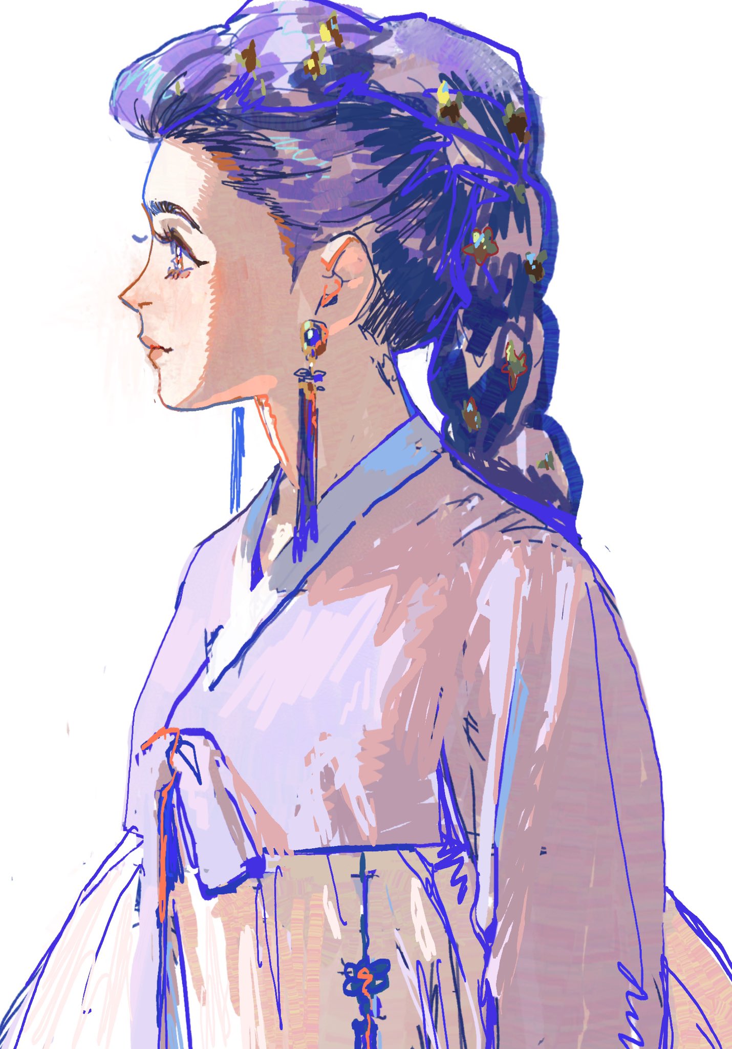 1girl, braid, breasts, closed_mouth, earrings, facing_to_the_side, hanbok, highres