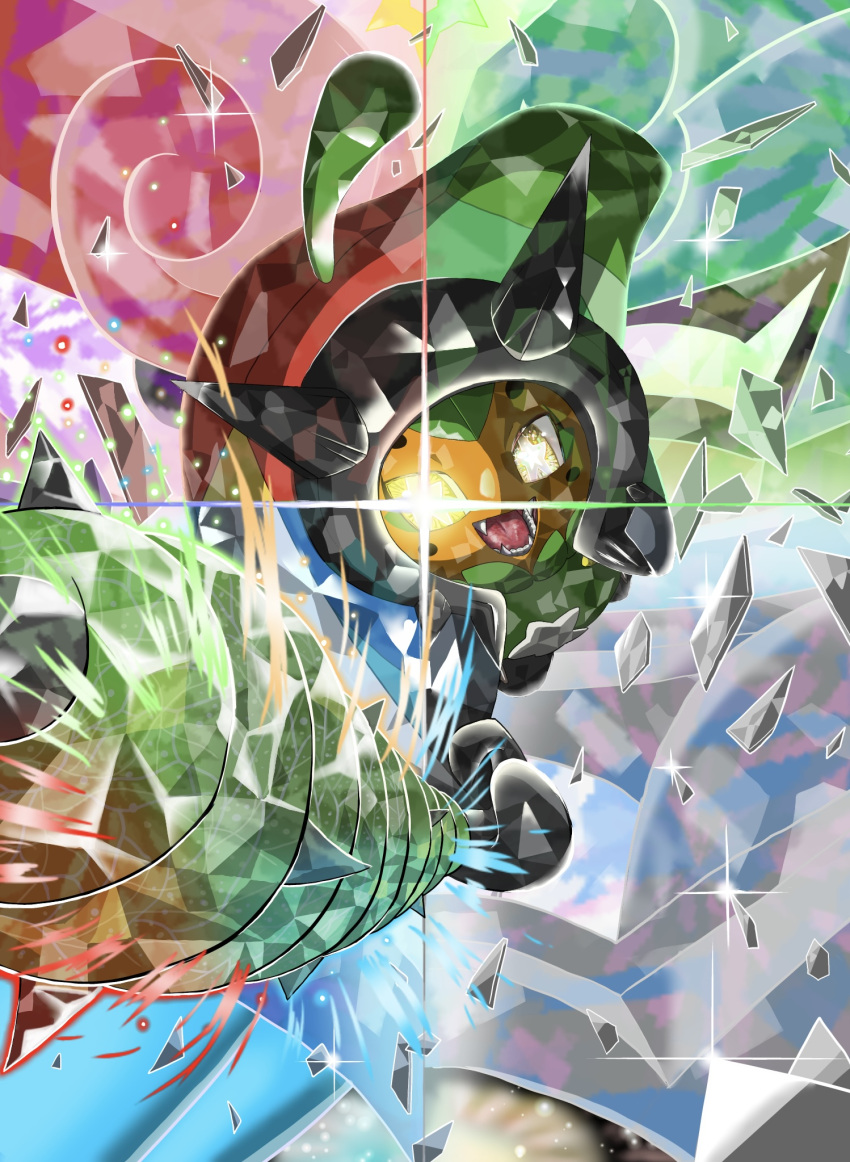 bright_pupils, club_(weapon), commentary_request, debris, fangs, highres, holding, holding_club, holding_weapon, horns, ivy_cudgel_(pokemon), ogerpon, ogerpon_(cornerstone_mask), ogerpon_(hearthflame_mask), ogerpon_(teal_mask), ogerpon_(wellspring_mask), open_mouth, pokemon, pokemon_(creature), pokemon_focus, pokemon_move, q.t.2_shi, sharp_teeth, solo, sparkle, spiked_club, star-shaped_pupils, star_(symbol), symbol-shaped_pupils, teeth, terastallization, weapon, white_pupils, yellow_eyes