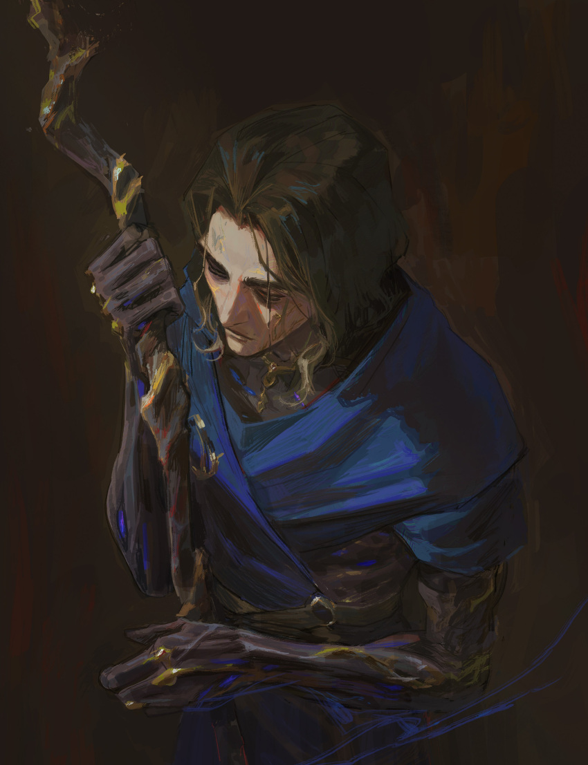1boy, absurdres, arcane:_league_of_legends, blue_robe, brown_background, brown_hair, closed_mouth, colored_extremities