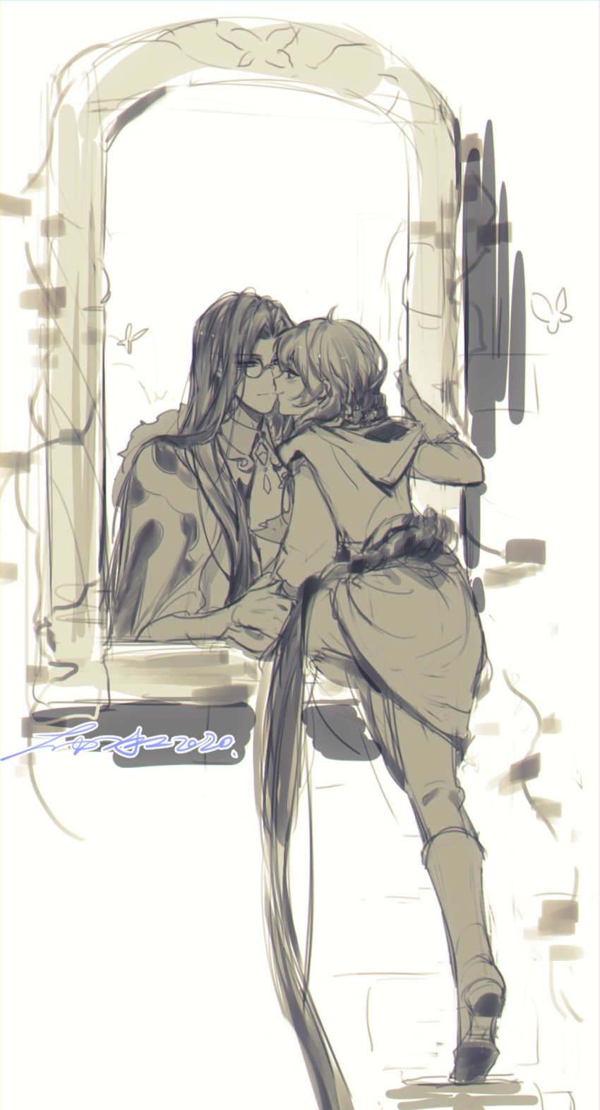 1boy, 1girl, absurdly_long_hair, allis-well, ascot, blush, boots, brick_wall