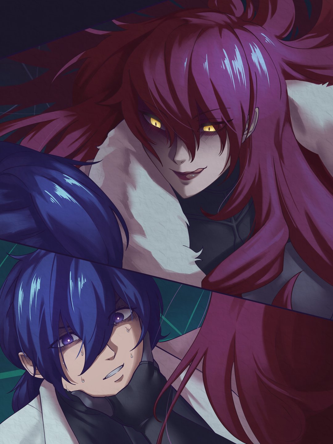 1boy, 1girl, assertive_female, blue_hair, hair_between_eyes, highres, kirijou_mitsuru, long_hair