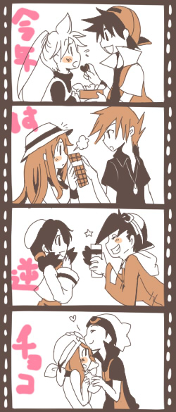 4girls, 4koma, alternate_costume, bandana, blue_(pokemon), brown_hair, chocolate, comic