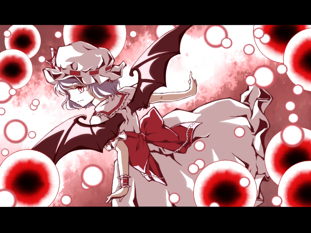 bat_wings, blue_hair, danmaku, dress, from_behind, hat, hat_ribbon, letterboxed