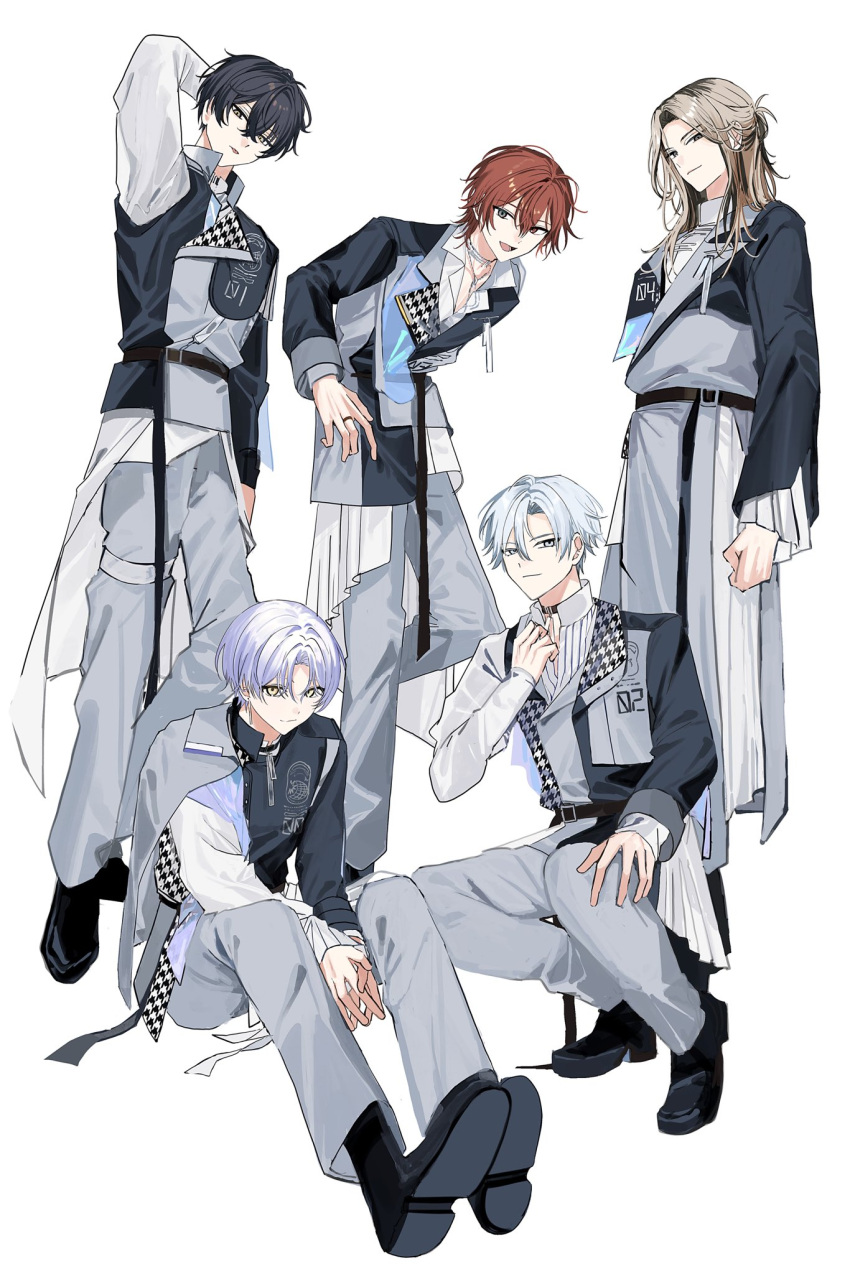 18trip, 22kolink, 5boys, arm_behind_head, belt, black_belt, black_hair, black_shoes