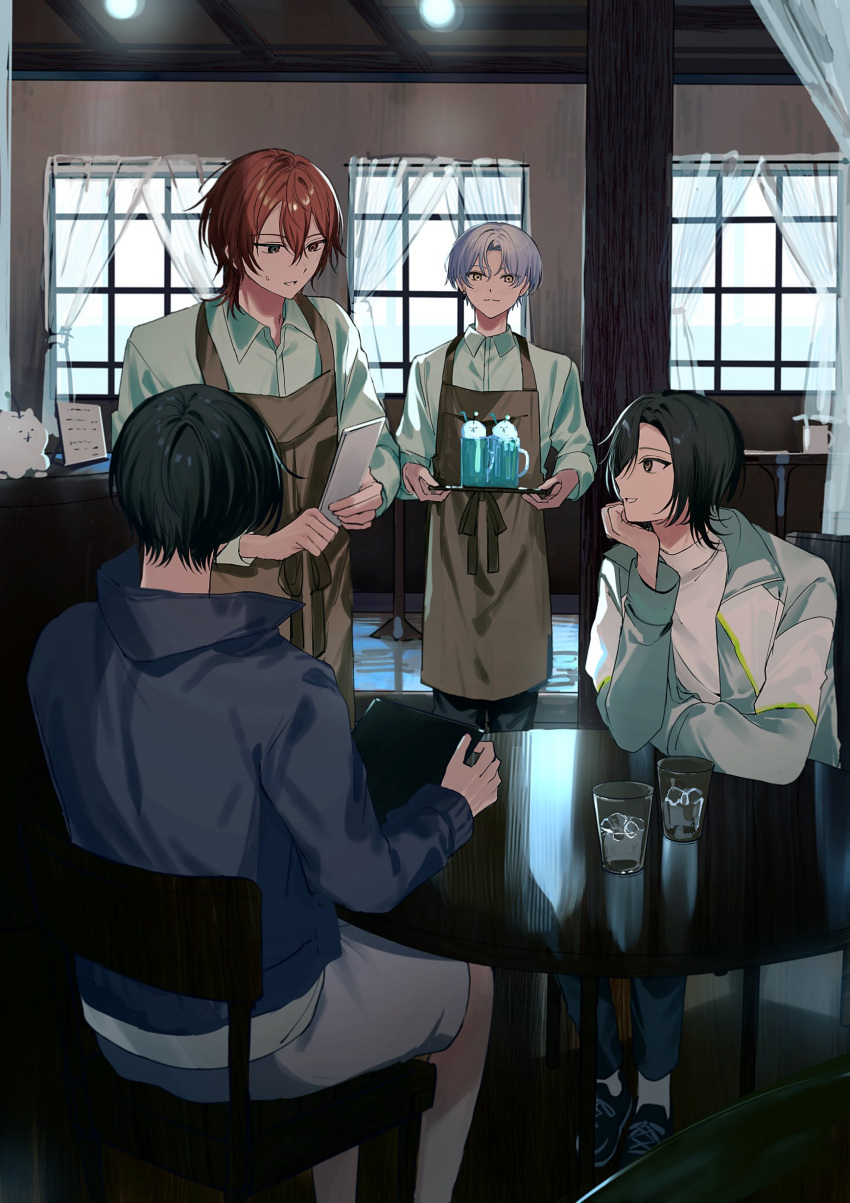 18trip, 1girl, 22kolink, 3boys, absurdres, apron, arm_on_table, arm_rest