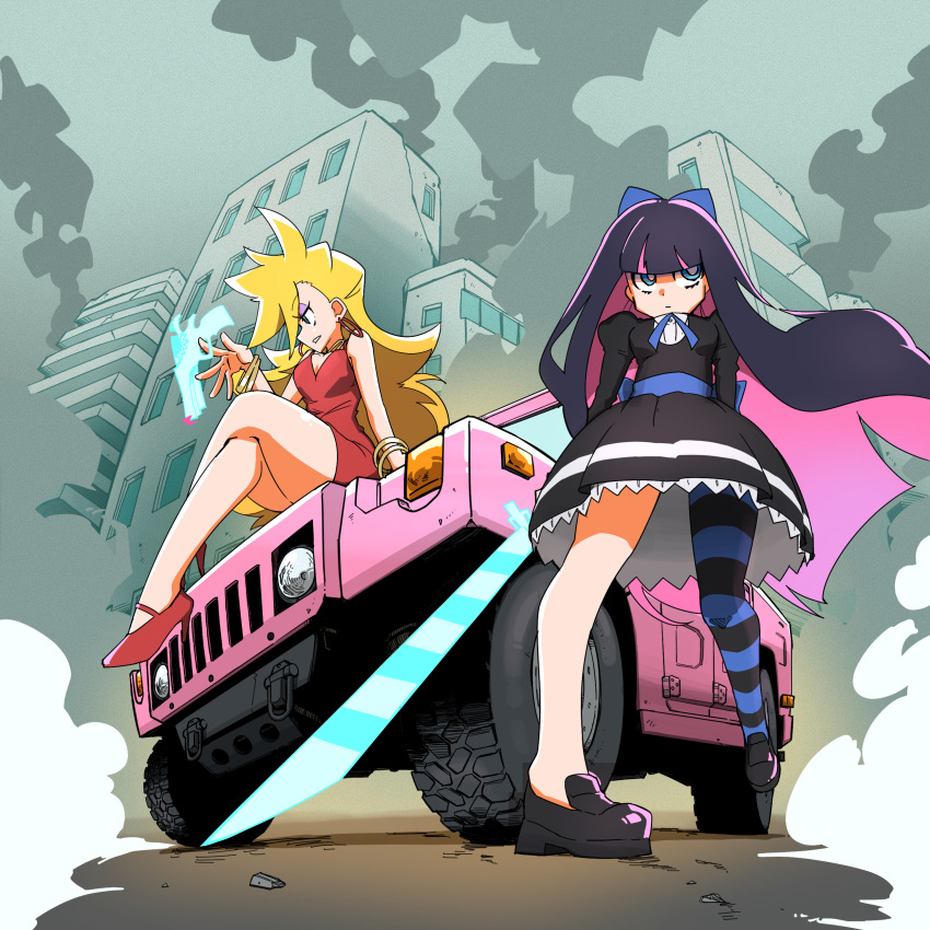 2girls, absurdres, black_dress, blonde_hair, bow, building, car, crossed_legs