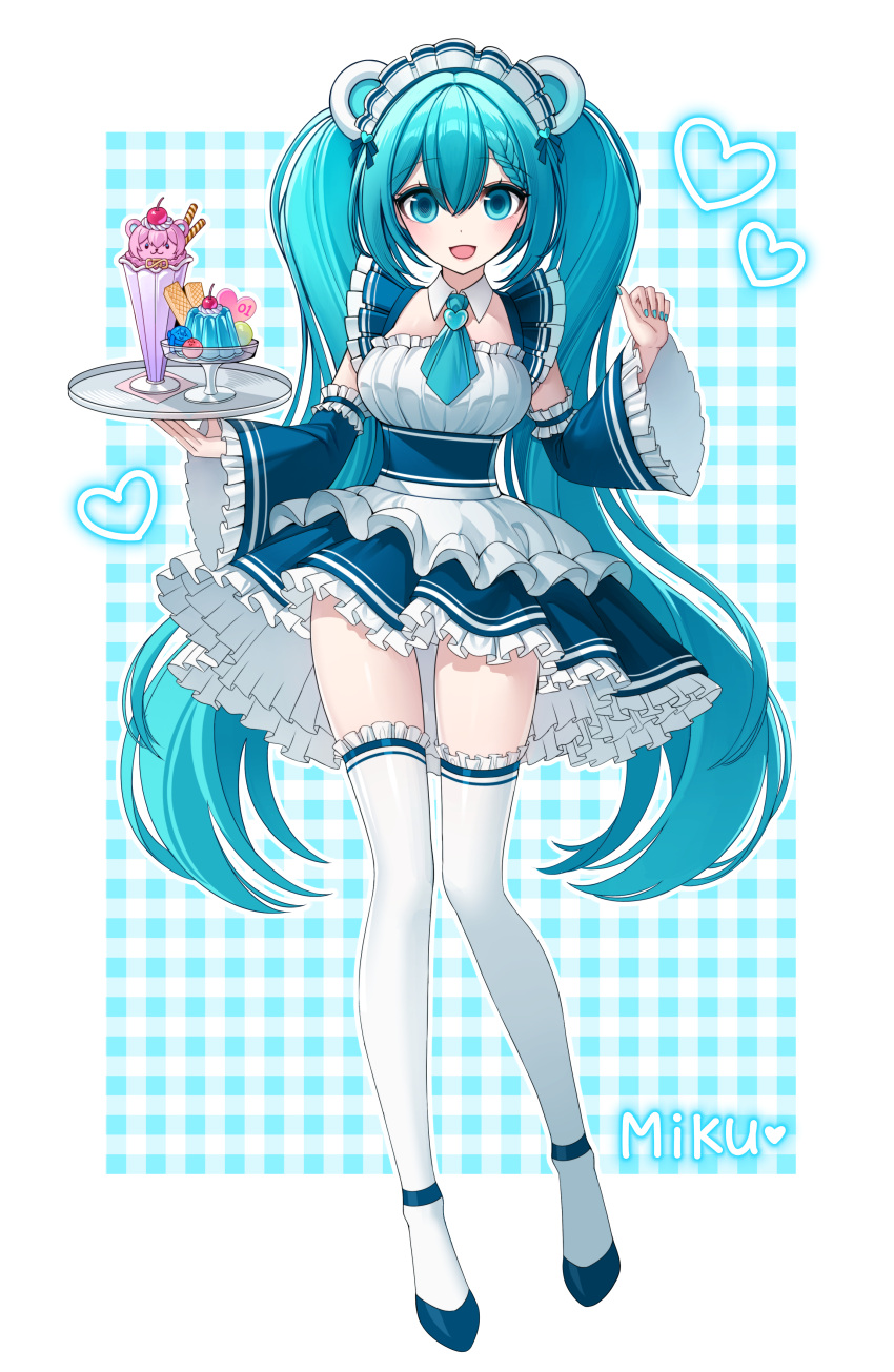 1girl, absurdres, alternate_costume, animal_ears, apron, aqua_ascot, aqua_background, aqua_eyes