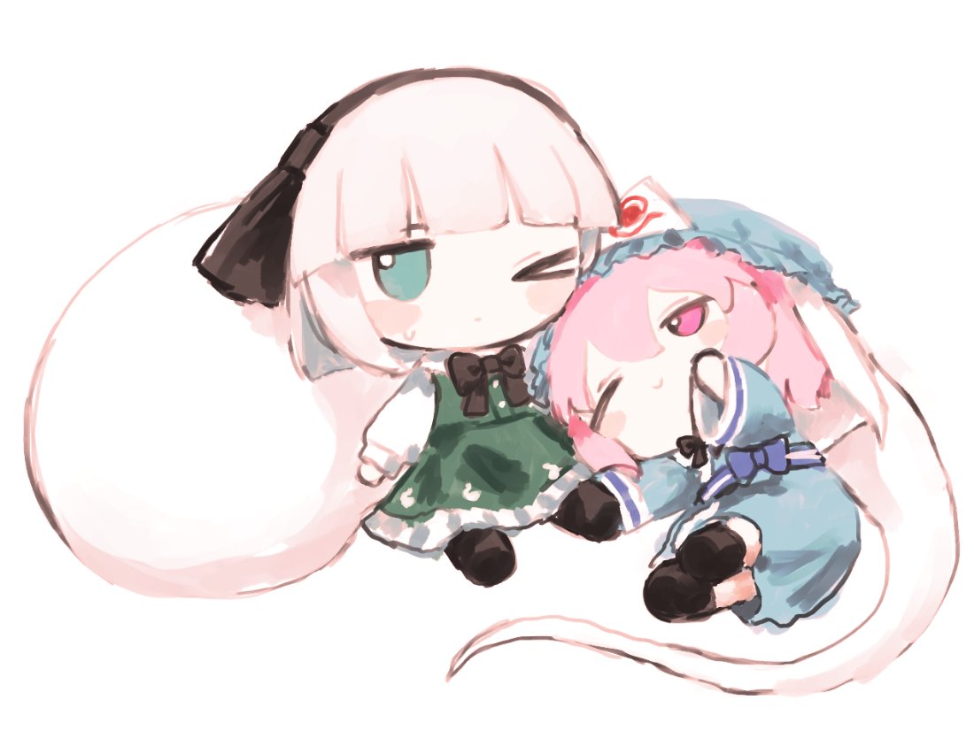 2girls, black_bow, black_bowtie, black_socks, blue_eyes, blue_kimono, blush, bow