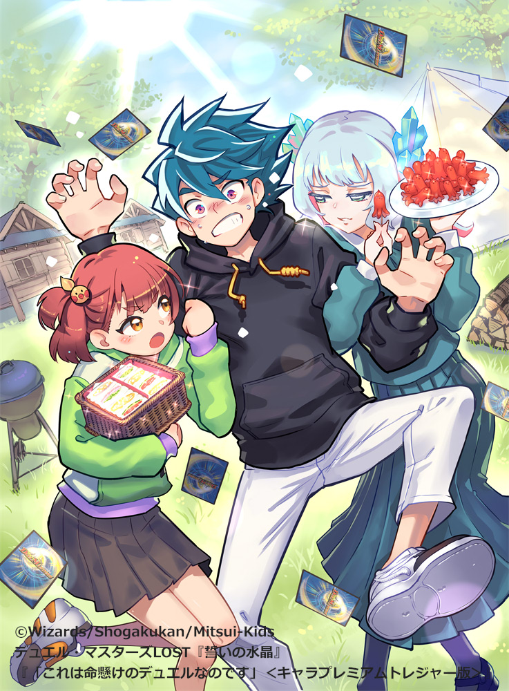 1boy, 2girls, aqua_eyes, aqua_sailor_collar, aqua_skirt, arm_hug, black_hoodie, black_shoes