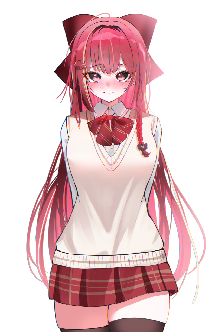 1girl, absurdres, akane_lize, black_thighhighs, blush, bow, bowtie, braid