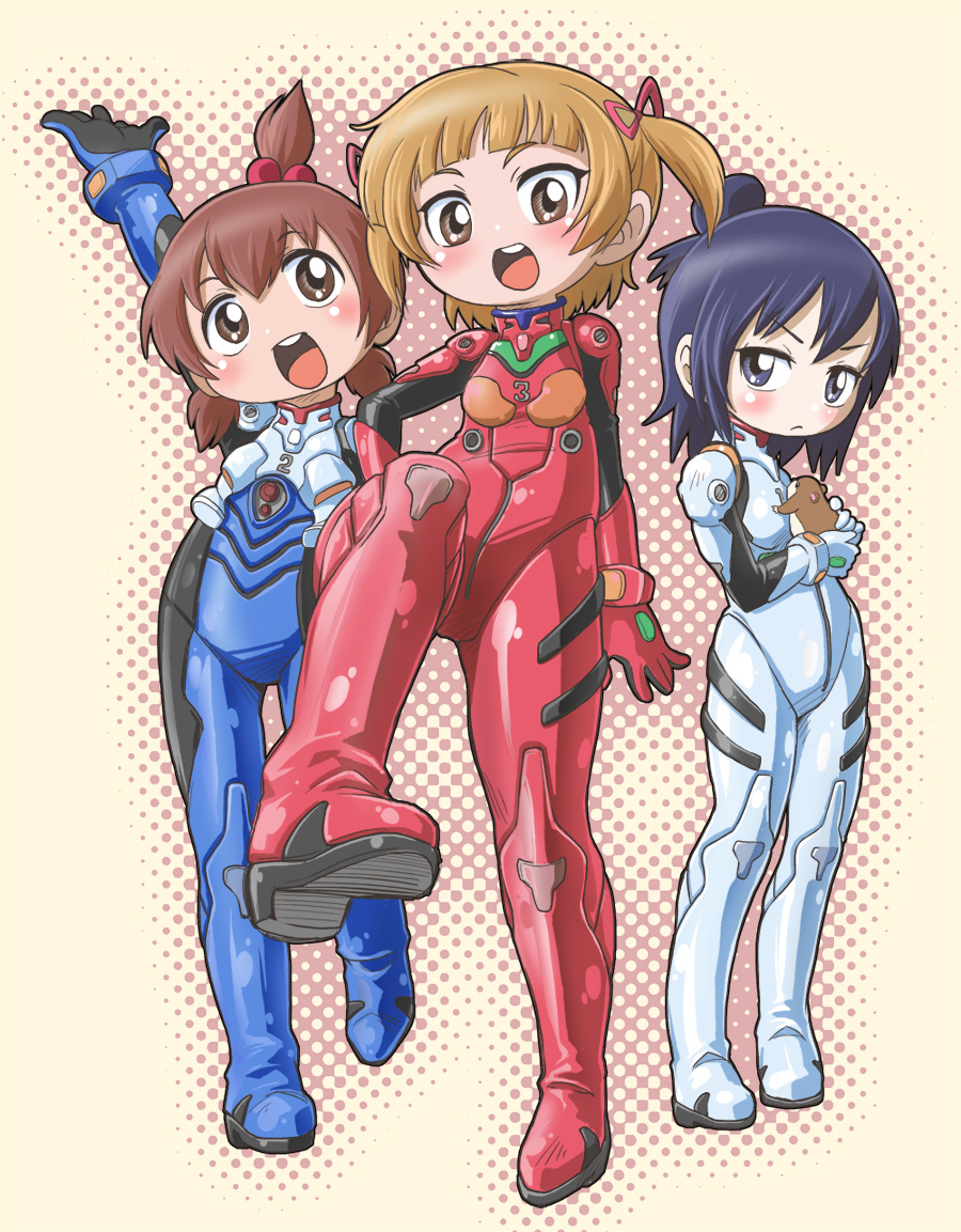 ayanami_rei_(cosplay), black_hair, blonde_hair, blue_eyes, blush, brown_eyes, brown_hair, chikubi
