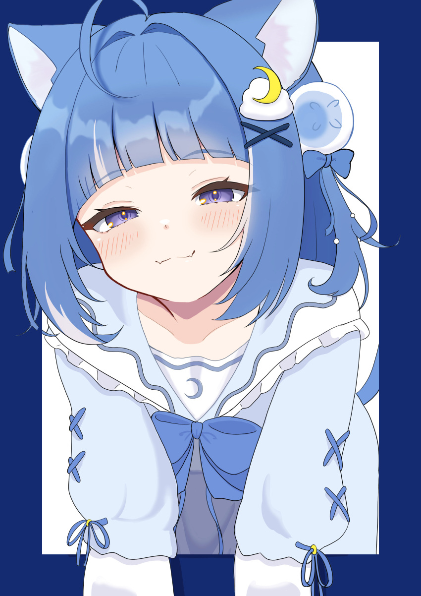 1girl, 264_(user_ffyd3374), :3, absurdres, ahoge, animal_ears, blue_bow, blue_dress, blue_eyes, blue_hair, blunt_bangs, bow, cat_ears, cat_girl, cat_tail, closed_mouth, cloud_hair_ornament, crescent, crescent_hair_ornament, dress, fang, hair_intakes, hair_ornament, half-closed_eyes, highres, indie_virtual_youtuber, kurageu_roa, leaning_forward, light_blush, looking_at_viewer, multicolored_hair, short_hair, sidelocks, skin_fang, smile, solo, streaked_hair, tail, virtual_youtuber, white_hair, x_hair_ornament