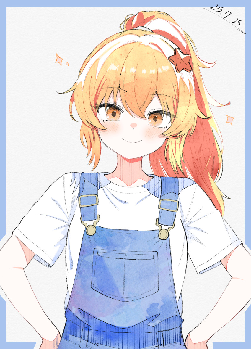 1girl, azusa_(cookie), blue_background, blue_overalls, blush, closed_mouth, commentary_request, cookie_(touhou)