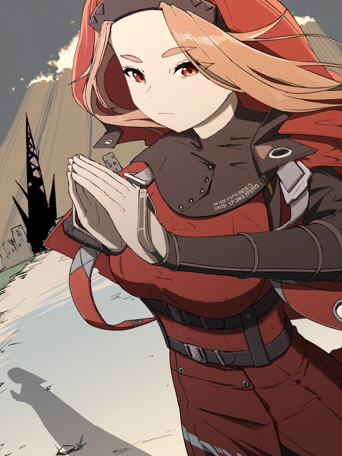 1girl, breasts, chest_harness, fuutasu0321, harness, heaven_burns_red, highres, large_breasts, maria_de_angelis, nun, outdoors, parted_bangs, red_eyes, red_hair, solo, veil