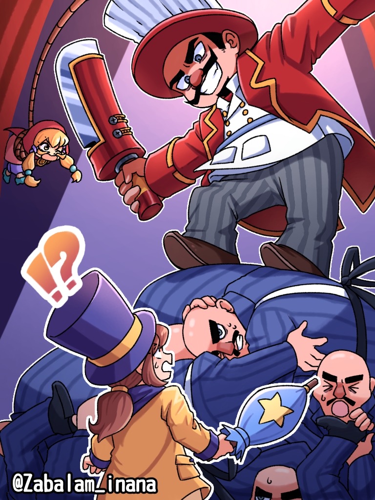 !?, >_<, 2girls, 6+boys, :o, a_hat_in_time, bald, black_facial_hair