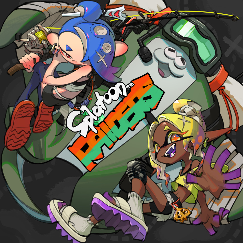 1boy, 2girls, big_man_(splatoon), big_man_(splatoon_raiders), bike_shorts, black_shorts, blonde_hair, blue_hair
