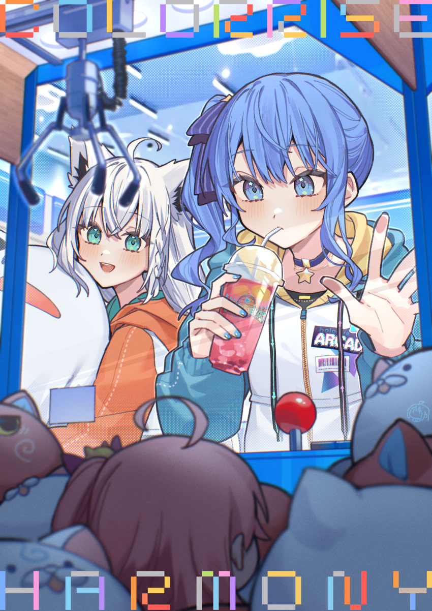 2girls, 35p_(sakura_miko), absurdres, against_glass, animal_ear_fluff, animal_ears, aqua_eyes, arcade