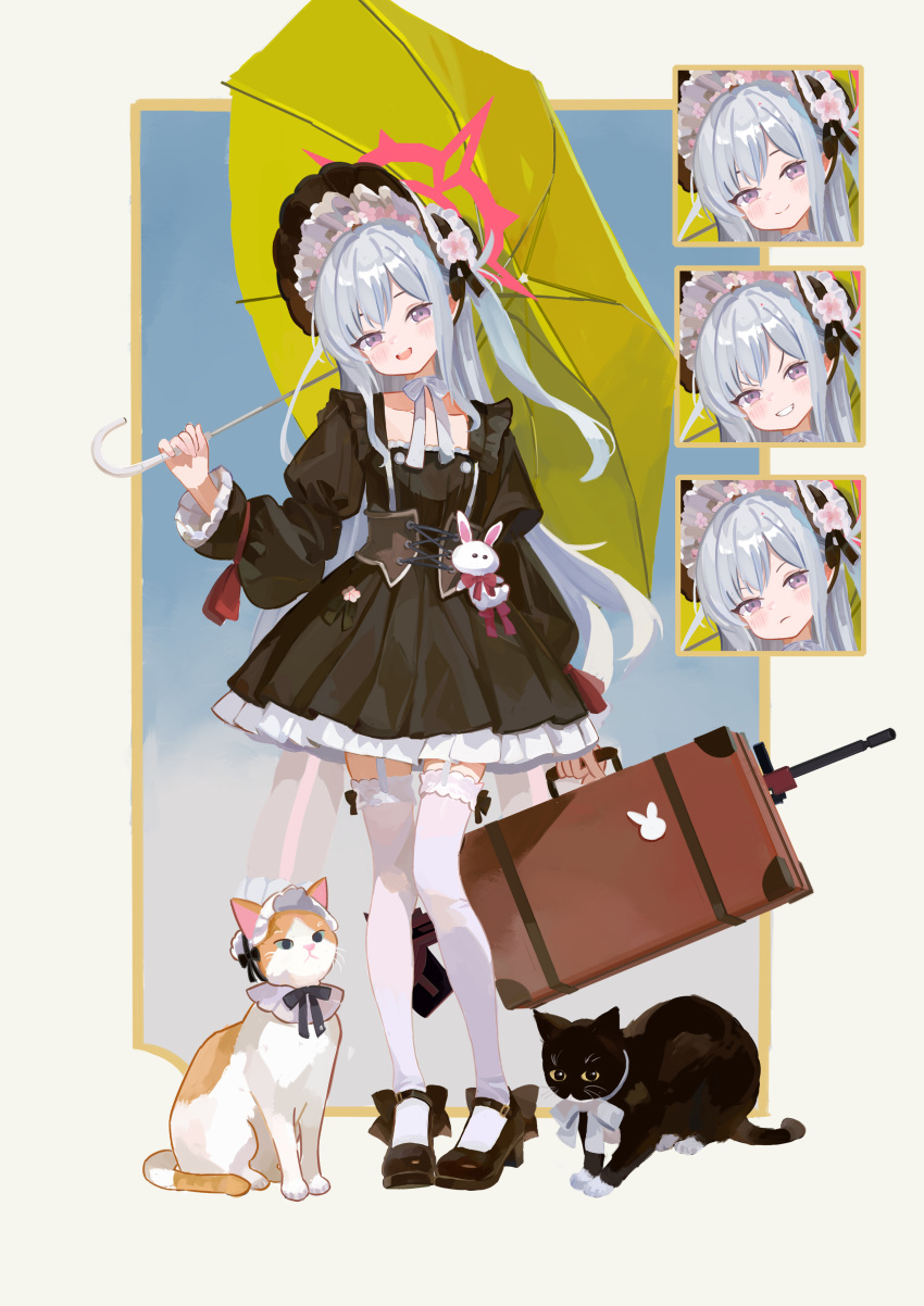 1girl, absurdres, alternate_costume, angry, black_dress, black_hat, black_shoes, blue_archive, blush, cat, closed_mouth, dress, garter_straps, gothic_lolita, green_umbrella, grey_hair, grin, guanhuvu, hairband, hat, high_heels, highres, holding, holding_suitcase, holding_umbrella, lolita_fashion, lolita_hairband, multiple_expressions, mutsuki_(blue_archive), open_mouth, shoes, smile, solo, stuffed_animal, stuffed_rabbit, stuffed_toy, suitcase, thigh-highs, umbrella, violet_eyes, white_garter_straps, white_thighhighs