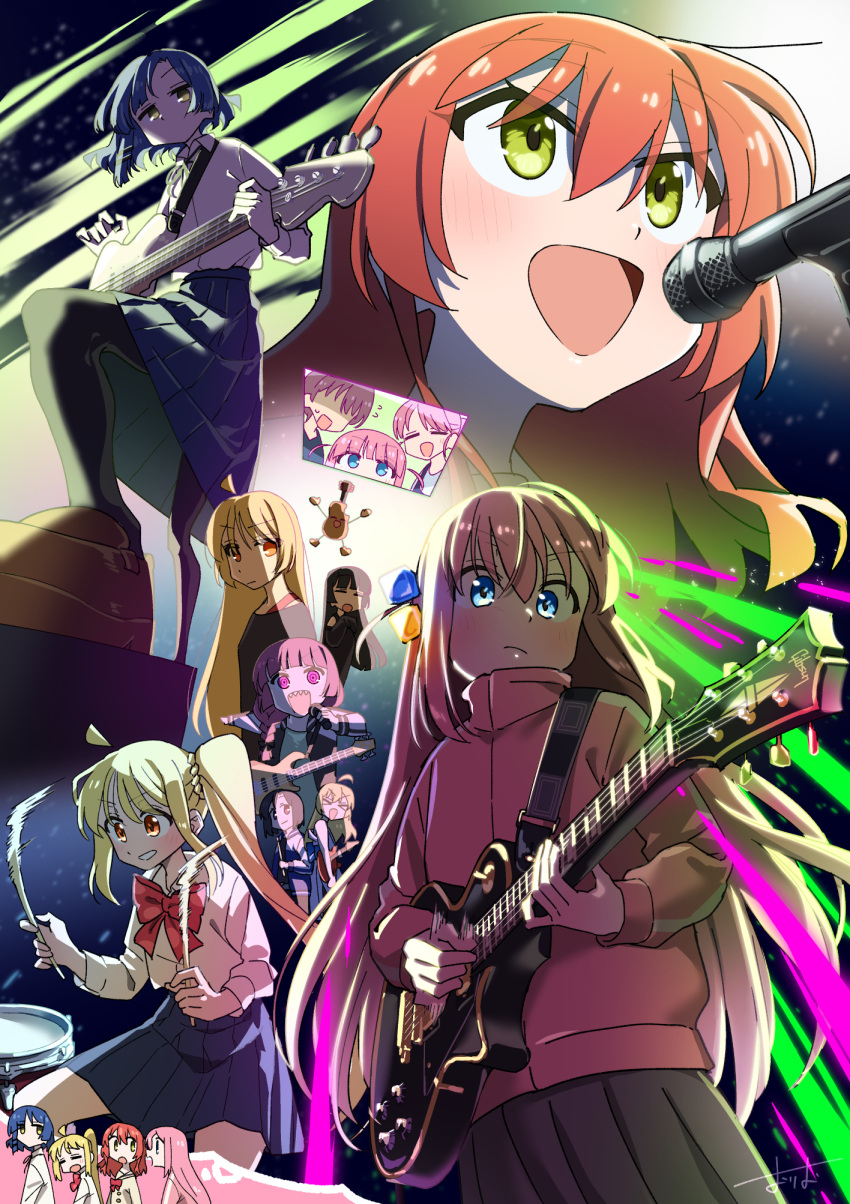 6+girls, :d, acoustic_guitar, bass_guitar, blonde_hair, blue_eyes, blue_hair, bocchi_the_rock!