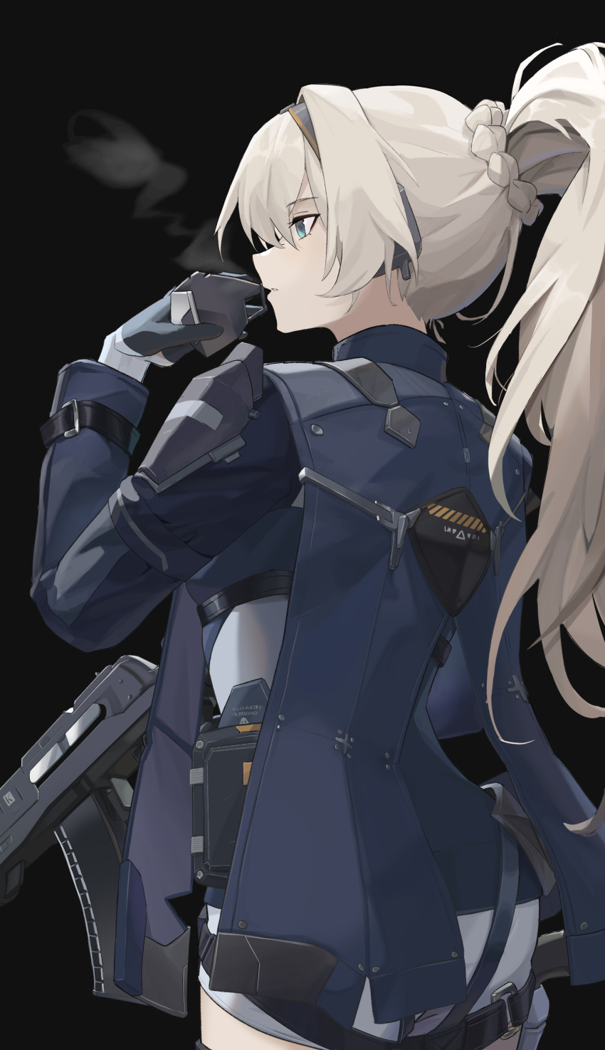 1girl, absurdres, alva_(girls'_frontline_2), an-94, an-94_(girls'_frontline), aqua_eyes, assault_rifle, black_background