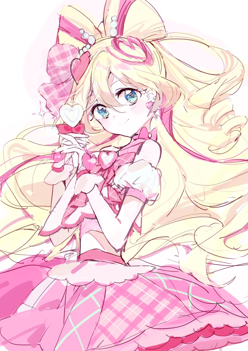 1girl, blonde_hair, blue_eyes, bow, bow-shaped_hair, bow_choker, choker, closed_mouth, cowboy_shot, cropped_shirt, cure_idol, detached_sleeves, earrings, fingerless_gloves, frilled_gloves, frilled_skirt, frills, gloves, hair_between_eyes, hair_ornament, hair_ribbon, hairclip, happy, heart, heart_earrings, heart_hair_ornament, highres, holding, holding_microphone, interlocked_fingers, jewelry, kimi_to_idol_precure, long_hair, looking_at_viewer, magical_girl, microphone, midriff, miniskirt, nail_polish, own_hands_together, pink_bow, pink_choker, pink_gloves, pink_nails, pink_ribbon, pink_shirt, pink_skirt, plaid_clothes, plaid_ribbon, plaid_skirt, pleated_skirt, precure, puffy_short_sleeves, puffy_sleeves, ribbon, sakura_uta_(precure), seika_(yuimarutoka0219), shirt, short_sleeves, simple_background, sketch, skirt, sleeveless, sleeveless_shirt, smile, solo, sparkle, standing, very_long_hair, watch, watch, white_background, white_sleeves