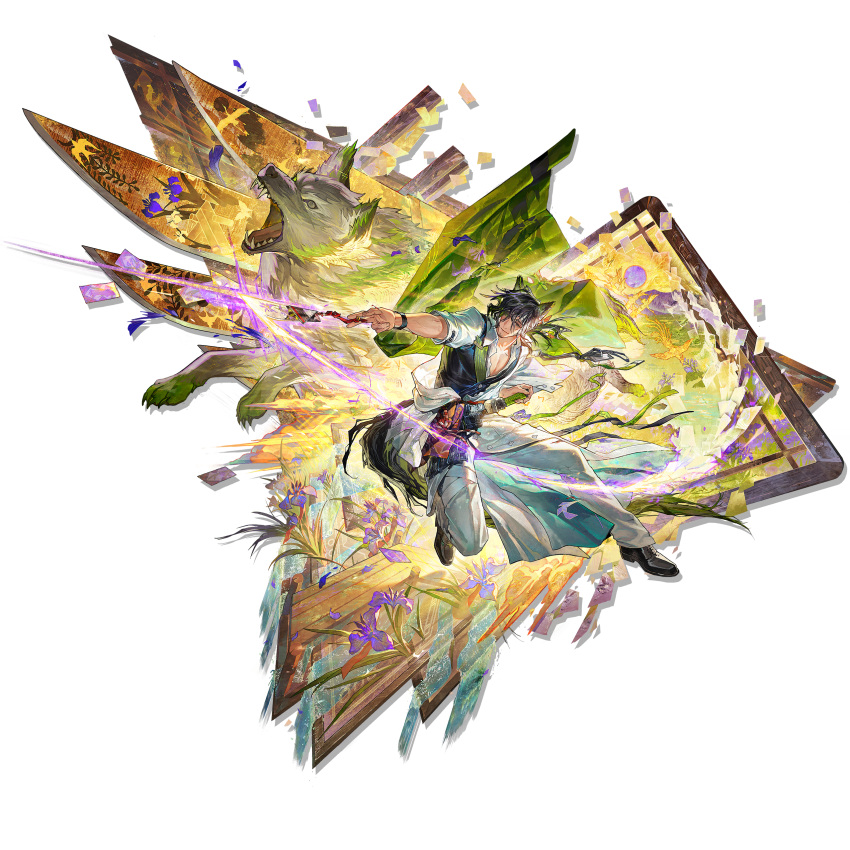 1boy, absurdres, animal_ears, arknights, artist_request, attack, bird, black_eyes