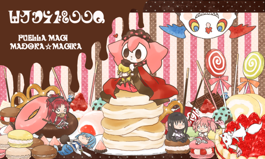 :>, :<, akemi_homura, amane0213, beret, biscuit, black_hair, blonde_hair, blue_hair, bow, candy, cape, character_doll, charlotte, charlotte_(madoka_magica), chocolate, doughnut, drill_hair, food, fruit, hair_bow, hairband, hat, heart, kaname_madoka, kyubey, lollipop, long_hair, macaron, madoka_runes, magical_girl, mahou_shoujo_madoka_magica, miki_sayaka, multicolored_eyes, multiple_girls, o_o, oktavia_von_seckendorff, pink_hair, pocky, polearm, ponytail, pretzel, puffy_sleeves, pyotr_(madoka_magica), red_hair, sakura_kyouko, short_twintails, spear, spoilers, strawberry, sweets, swirl_lollipop, sword, taiyaki, tart_(food), tomoe_mami, twin_drills, twintails, wagashi, weapon