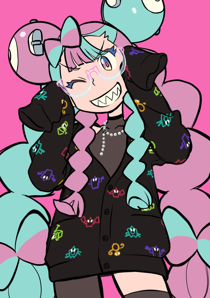 1girl, alternate_costume, bead_necklace, beads, black_cardigan, bow-shaped_hair, buttons, cardigan