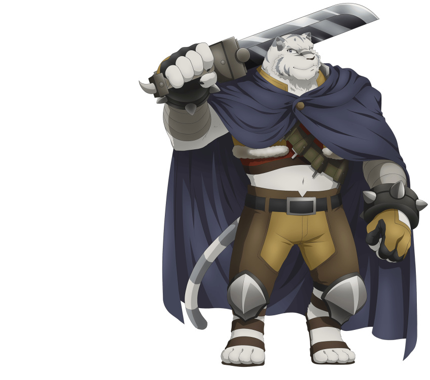 1boy, animal_ears, anime_coloring, bandaged_arm, bandages, belt, blue_cloak, blue_eyes, bracelet, brown_pants, clenched_hand, cloak, fingerless_gloves, full_body, furry, furry_male, gloves, highres, holding, holding_sword, holding_weapon, iwasaki_reina, jewelry, looking_at_viewer, mahoutsukai_reimeiki, mercenary_(zero_kara_hajimeru_mahou_no_sho), navel, official_art, pants, simple_background, smile, solo, spiked_bracelet, spikes, standing, sword, tail, tiger, tiger_boy, tiger_ears, tiger_stripes, tiger_tail, transparent_background, weapon, white_fur, white_tiger