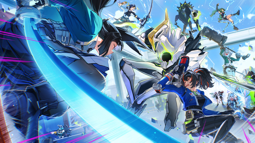 >_<, 2boys, 6+girls, ^^^, absurdres, agent_gulliver_(zenless_zone_zero), android, animal_ears