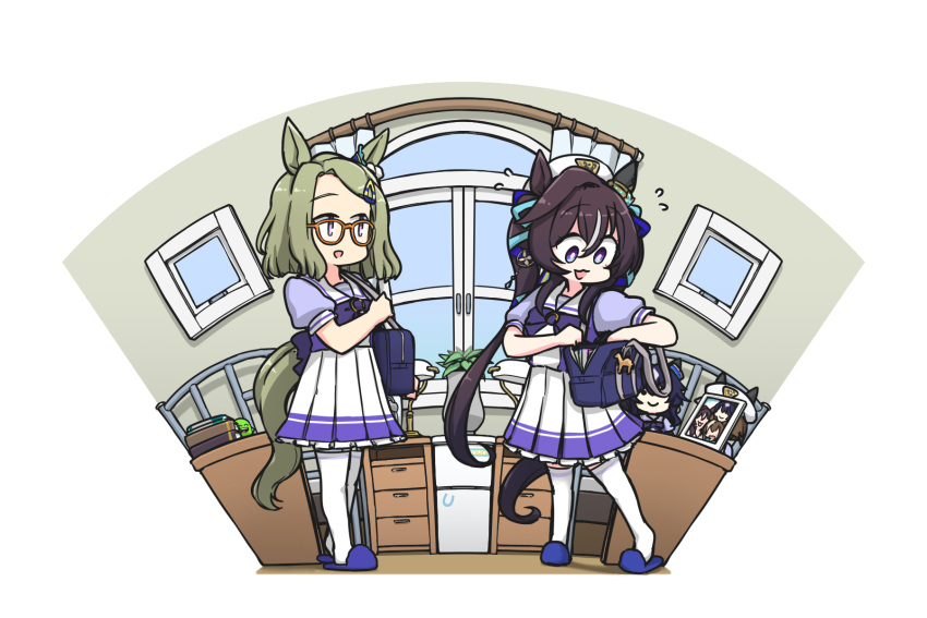 2girls, air_messiah_(umamusume), animal_ears, bag, brown_hair, glasses, green_hair, hair_ribbon