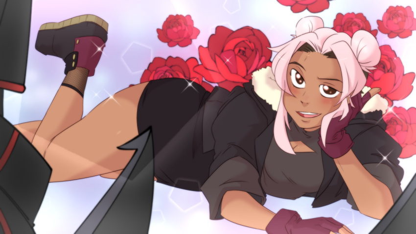 blush, dark-skinned_female, dark_skin, double_bun, drawfee, drawtectives, flower, hair_bun