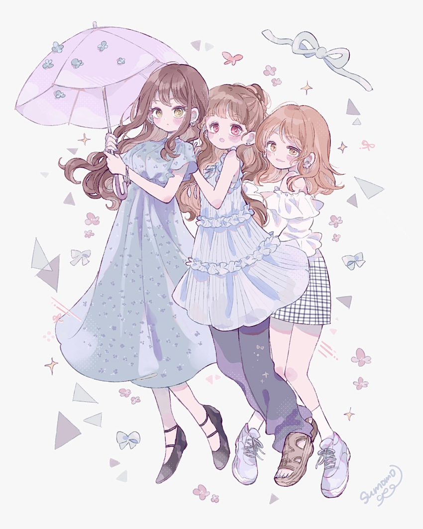 3girls, blue_dress, blush, brown_hair, commentary_request, dress, full_body, highres