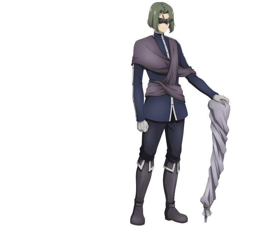 1boy, anime_coloring, belt, black_boots, black_pants, blindfold, blue_shirt, boots, clenched_hand, closed_mouth, covered_eyes, full_body, gloves, green_hair, hair_between_eyes, highres, iwasaki_reina, long_sleeves, looking_at_viewer, mahoutsukai_reimeiki, official_art, pants, parted_bangs, priest_(mahoutsukai_reimeiki), sash, shirt, short_hair, simple_background, solo, standing, transparent_background, turtleneck, turtleneck_shirt, white_gloves