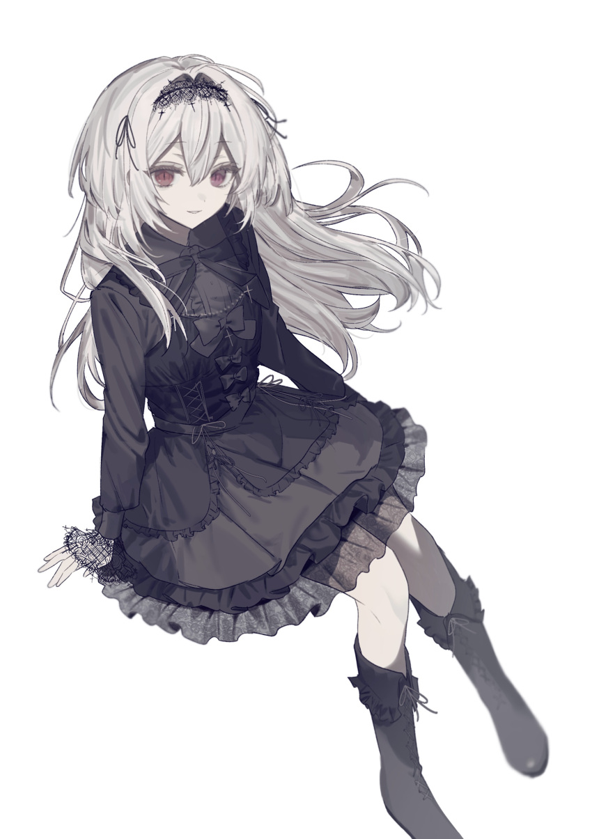 1girl, absurdres, black_boots, black_dress, black_hairband, boots, closed_mouth, dress