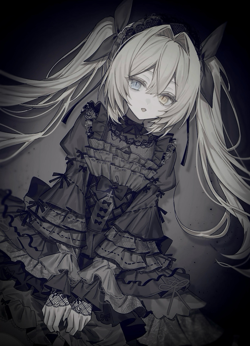 1girl, black_background, black_bow, black_dress, bow, commentary_request, cowboy_shot, dress