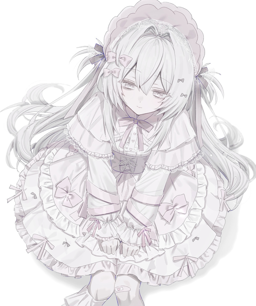 1girl, absurdres, bonnet, bow, capelet, closed_mouth, commentary_request, dress