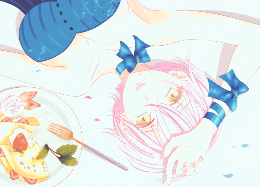 1girl, blue_ribbon, corset, crepe, dessert, food, fork, fruit