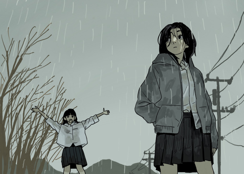 2girls, bare_tree, black_skirt, closed_mouth, dray_(meerkat_dray), grey_sky, hand_in_pocket, hands_in_pockets
