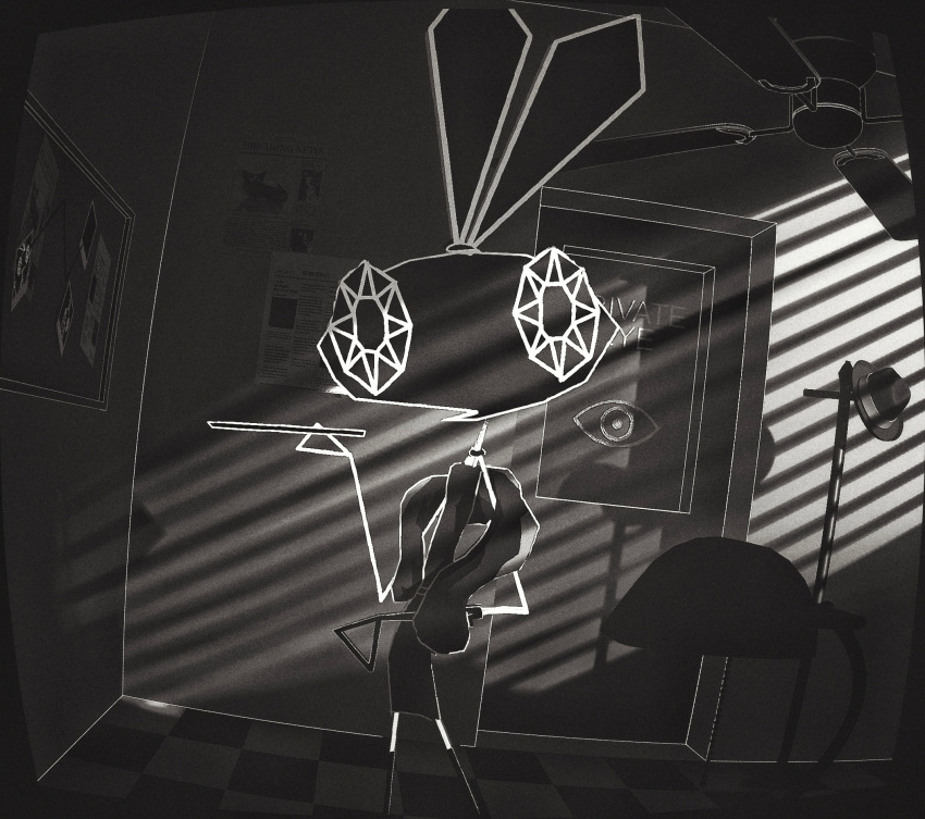 1girl, animal_ears, ceiling_fan, cigarette_holder, coat_rack, commentary, dark, door