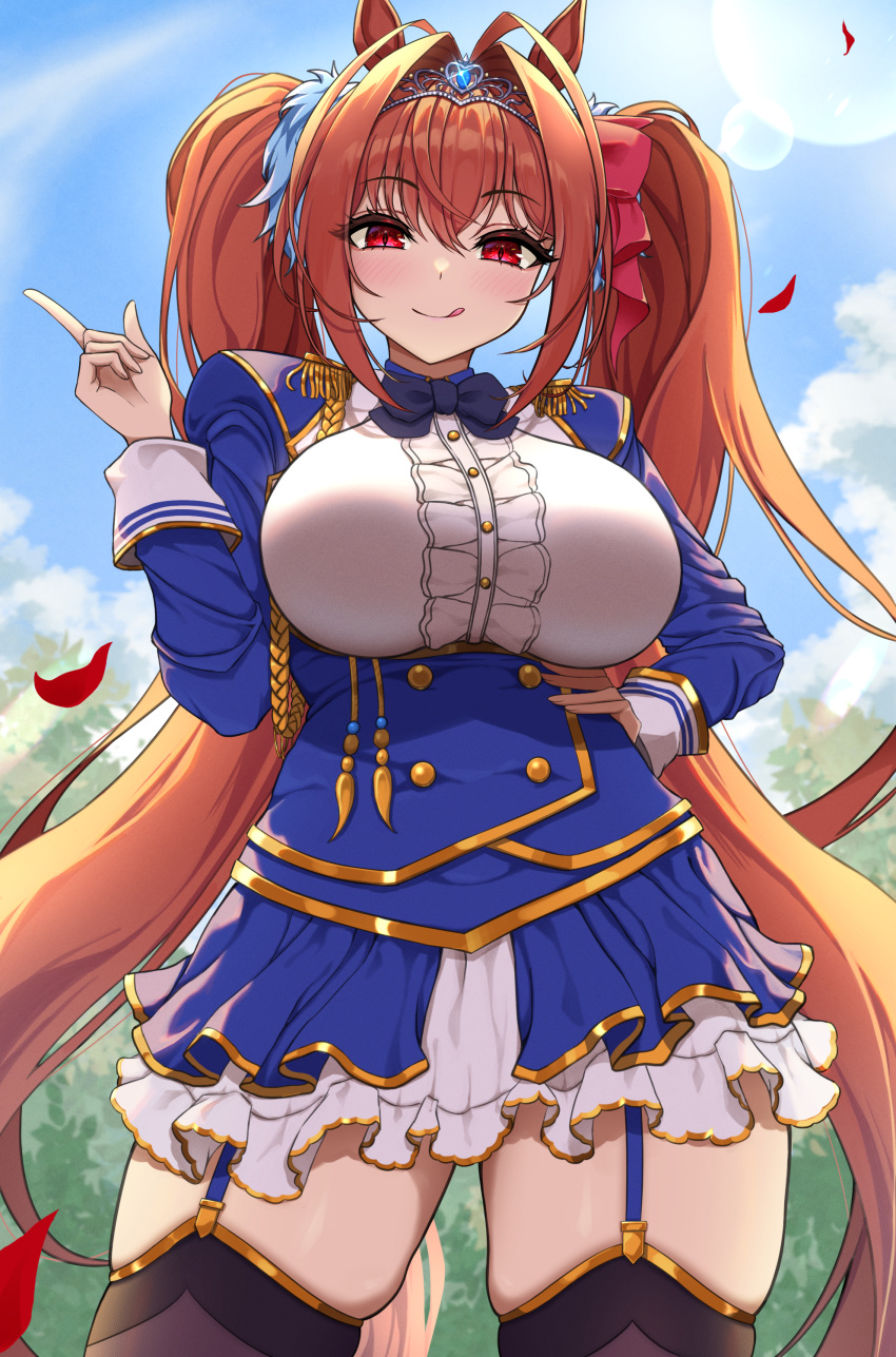 1girl, :p, absurdres, animal_ears, azuki_(azuki_azukki), blush, breasts, brown_hair, center_frills, daiwa_scarlet_(umamusume), frills, garter_straps, hair_intakes, highres, horse_ears, horse_girl, horse_tail, large_breasts, long_hair, looking_at_viewer, orange_hair, red_eyes, skindentation, solo, tail, thigh-highs, tongue, tongue_out, twintails, umamusume, very_long_hair