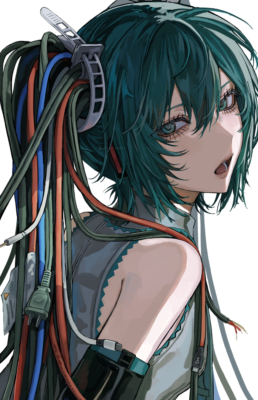 1girl, absurdres, airen_kori, aqua_eyes, aqua_hair, aqua_necktie, bare_shoulders, black_sleeves